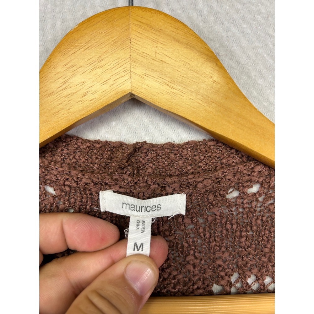 Boho Maurices Womens Medium Brown Open Front Pointelle Knit Cardigan Sweater - Picture 4 of 9